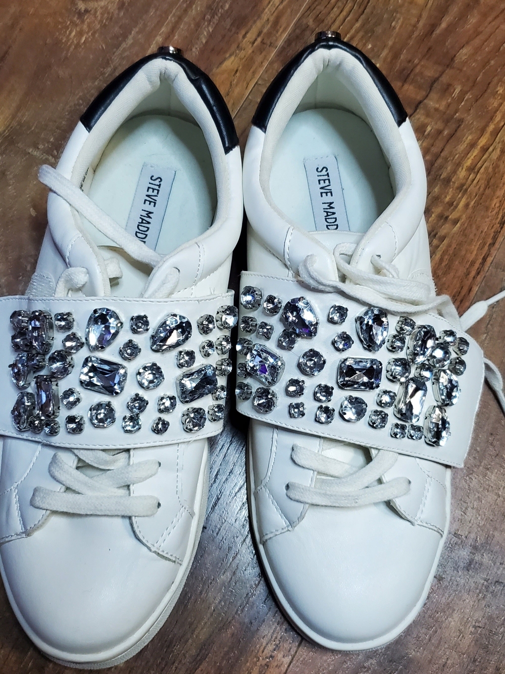 Steve Madden White Jeweled Strap Sneakers with Black Heel Trim
